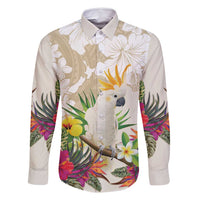 New Zealand Cacatua Galerita Family Matching Off Shoulder Maxi Dress and Hawaiian Shirt Aotearoa Cockatoo Tropical Flowers LT14 Dad's Shirt - Long Sleeve Beige - Polynesian Pride
