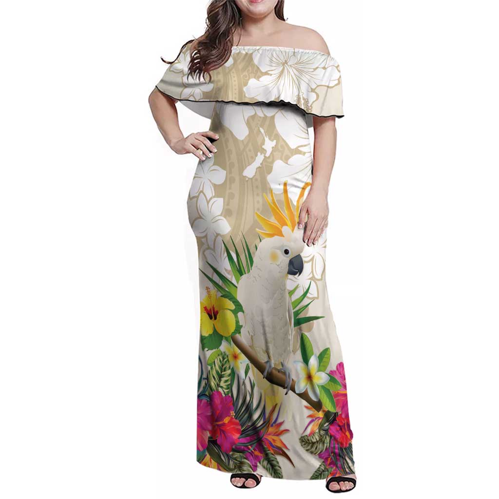 New Zealand Cacatua Galerita Family Matching Off Shoulder Maxi Dress and Hawaiian Shirt Aotearoa Cockatoo Tropical Flowers LT14 Mom's Dress Beige - Polynesian Pride