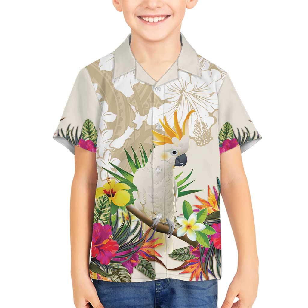New Zealand Cacatua Galerita Family Matching Off Shoulder Maxi Dress and Hawaiian Shirt Aotearoa Cockatoo Tropical Flowers LT14 Son's Shirt Beige - Polynesian Pride