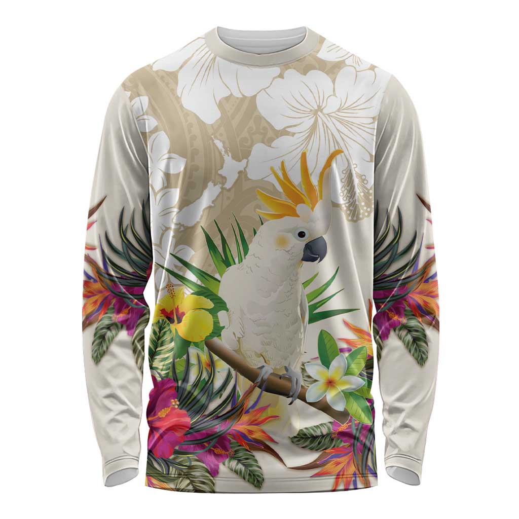 New Zealand Cacatua Galerita Long Sleeve Shirt Aotearoa Cockatoo Tropical Flowers