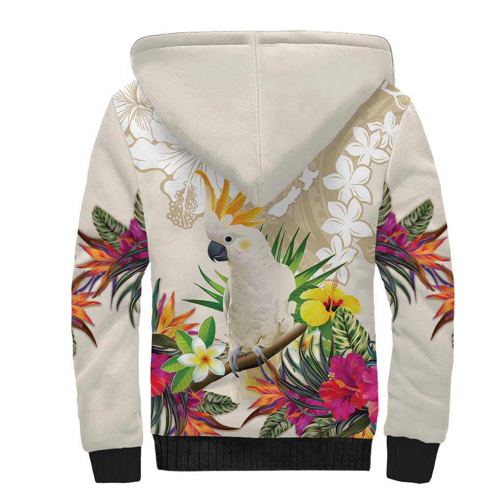 New Zealand Cacatua Galerita Sherpa Hoodie Aotearoa Cockatoo Tropical Flowers