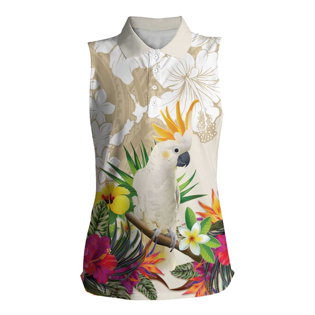 New Zealand Cacatua Galerita Women Sleeveless Polo Shirt Aotearoa Cockatoo Tropical Flowers