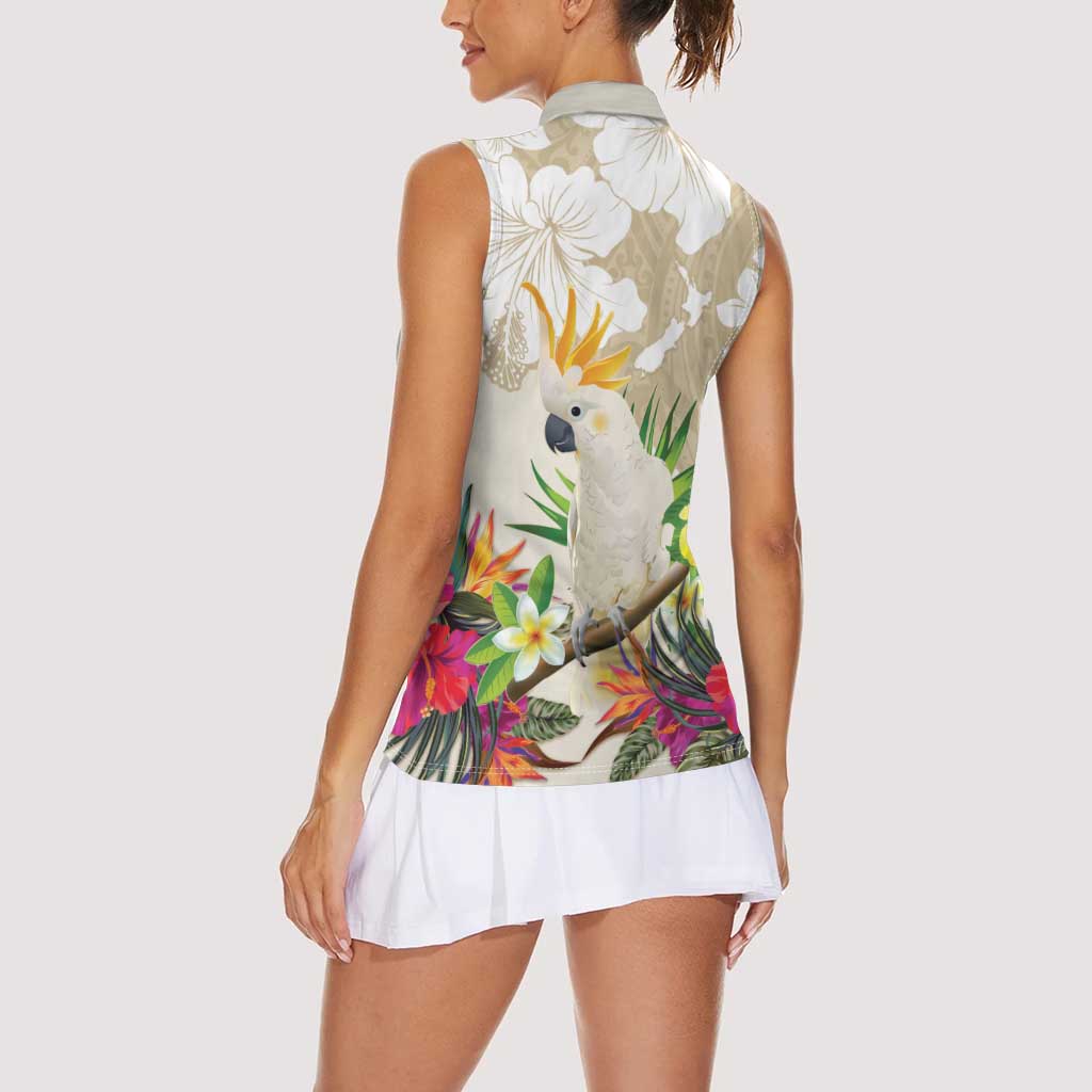 New Zealand Cacatua Galerita Women Sleeveless Polo Shirt Aotearoa Cockatoo Tropical Flowers