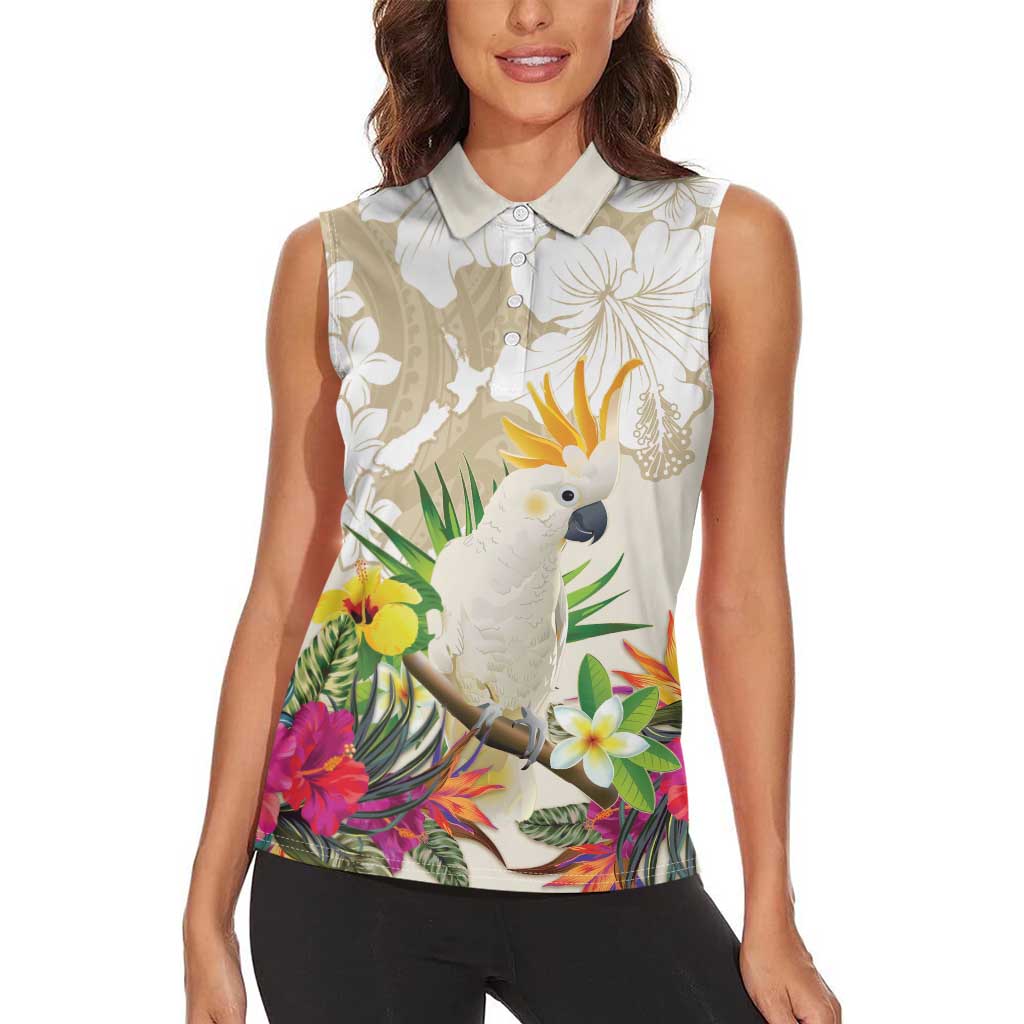 New Zealand Cacatua Galerita Women Sleeveless Polo Shirt Aotearoa Cockatoo Tropical Flowers