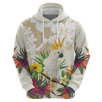 New Zealand Cacatua Galerita Zip Hoodie Aotearoa Cockatoo Tropical Flowers
