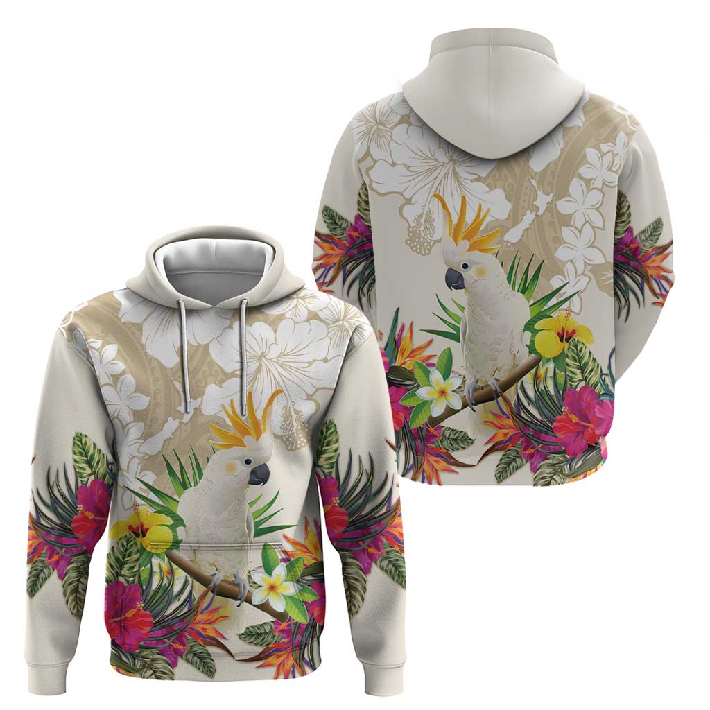 New Zealand Cacatua Galerita Zip Hoodie Aotearoa Cockatoo Tropical Flowers