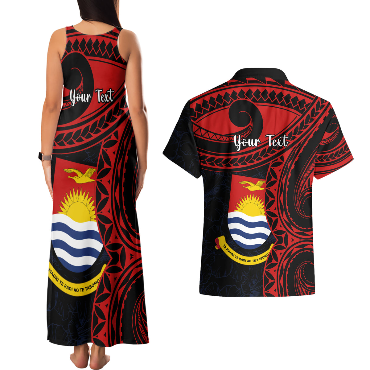 Personalised Kiribati Human Rights Day Couples Matching Tank Maxi Dress and Hawaiian Shirt Coat Of Arms With Polynesian Tropical Flowers LT14 - Polynesian Pride