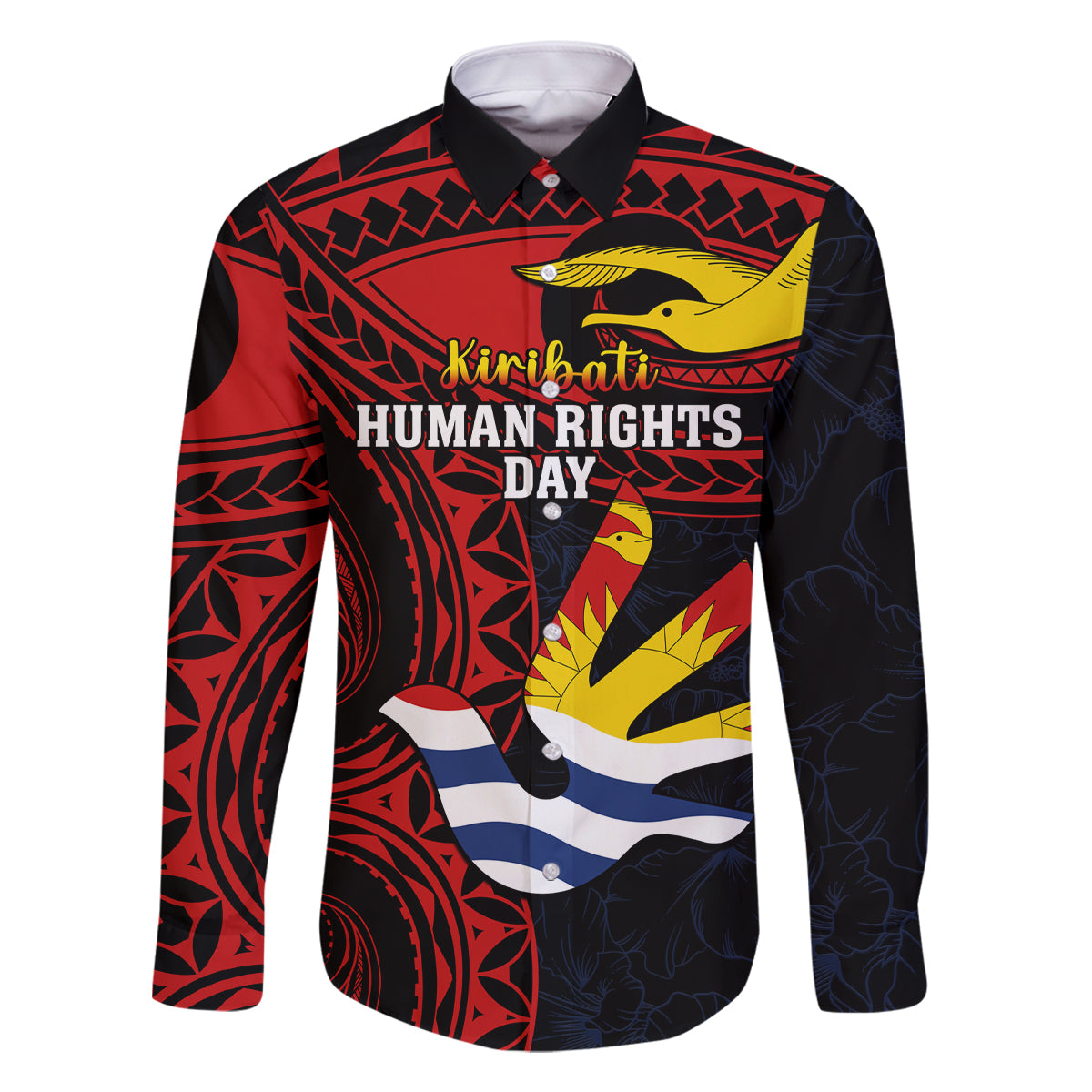 Personalised Kiribati Human Rights Day Family Matching Off Shoulder Long Sleeve Dress and Hawaiian Shirt Coat Of Arms With Polynesian Tropical Flowers LT14 Dad's Shirt - Long Sleeve Black - Polynesian Pride