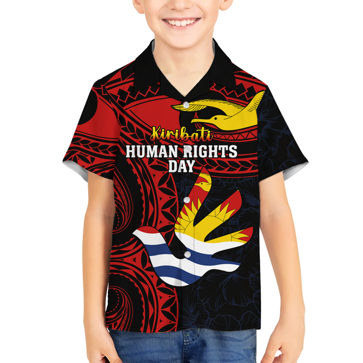 Personalised Kiribati Human Rights Day Family Matching Tank Maxi Dress and Hawaiian Shirt Coat Of Arms With Polynesian Tropical Flowers LT14 Son's Shirt Black - Polynesian Pride