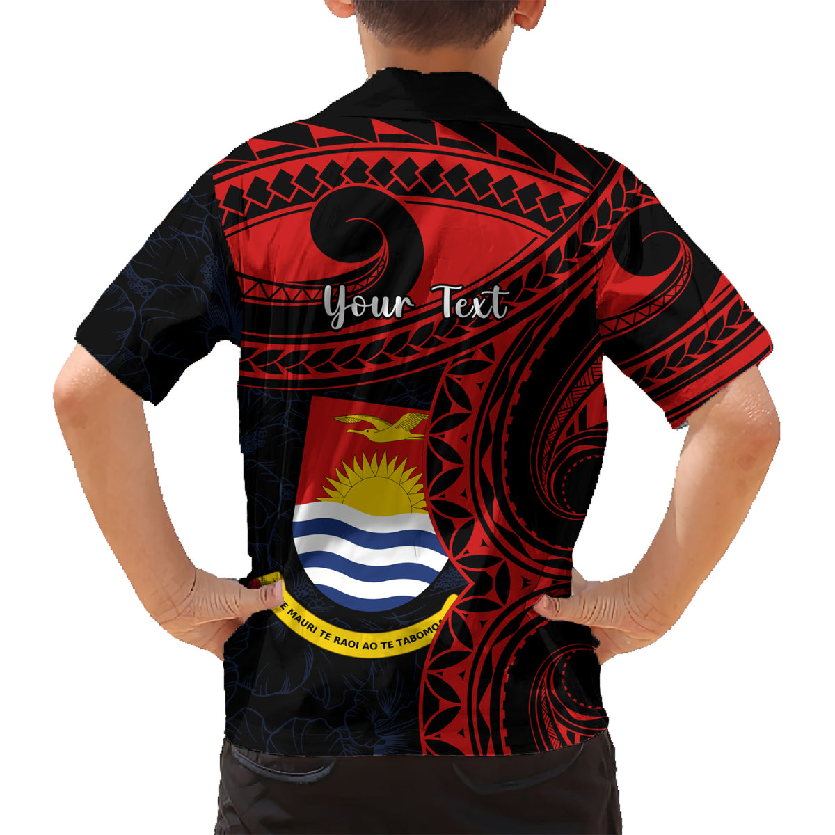 Personalised Kiribati Human Rights Day Kid Hawaiian Shirt Coat Of Arms With Polynesian Tropical Flowers LT14 - Polynesian Pride