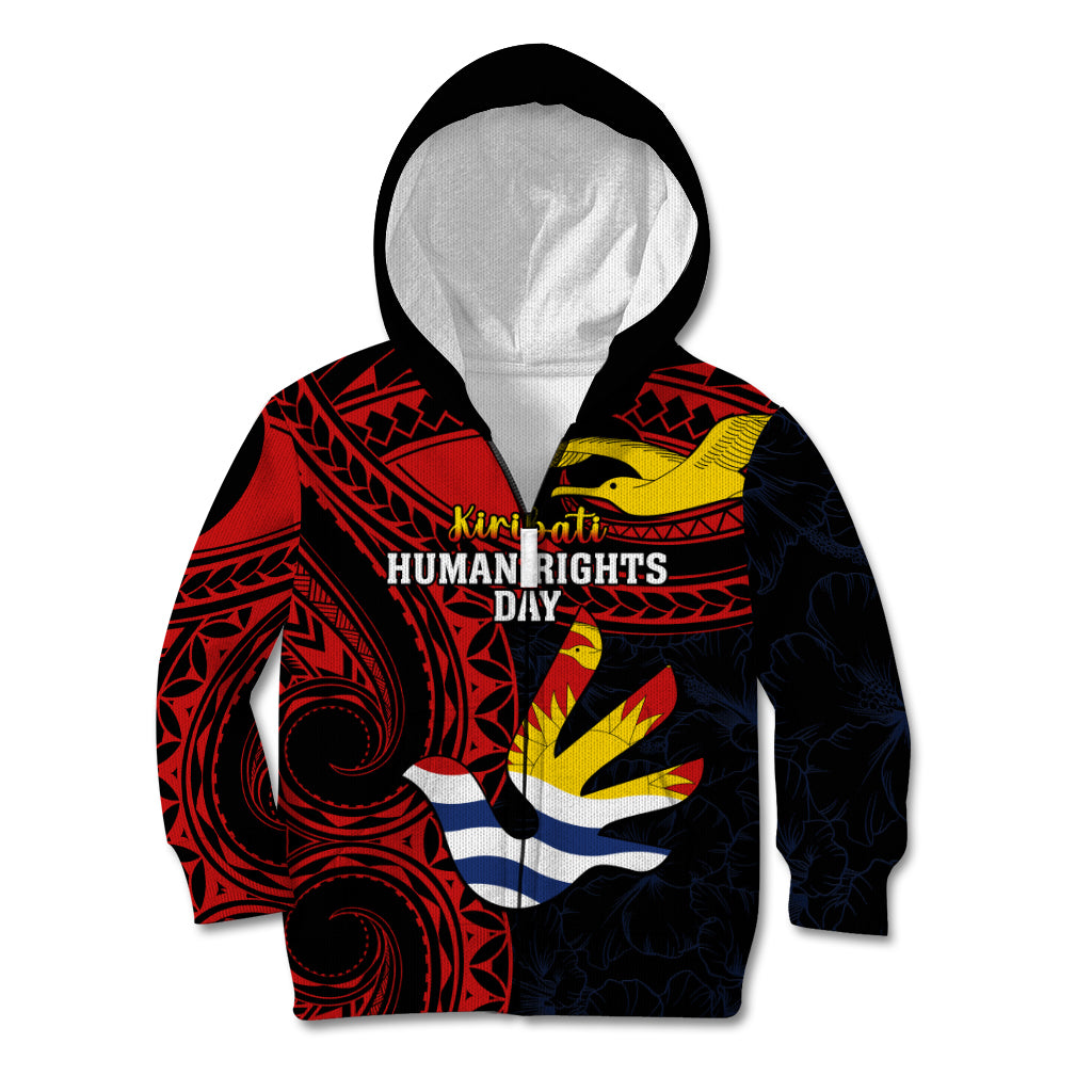 Personalised Kiribati Human Rights Day Kid Hoodie Coat Of Arms With Polynesian Tropical Flowers LT14 Zip Hoodie Black - Polynesian Pride
