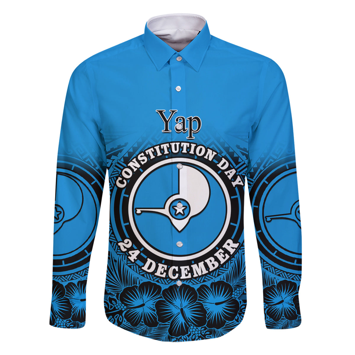 Personalised Yap Constitution Day Family Matching Long Sleeve Bodycon Dress and Hawaiian Shirt FSM Seal Happy 24 December LT14 Dad's Shirt - Long Sleeve Blue - Polynesian Pride