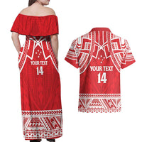 Samoa Rugby Custom Couples Matching Off Shoulder Maxi Dress and Hawaiian Shirt Toa Samoa Pacific Sporty Red - Polynesian Pride