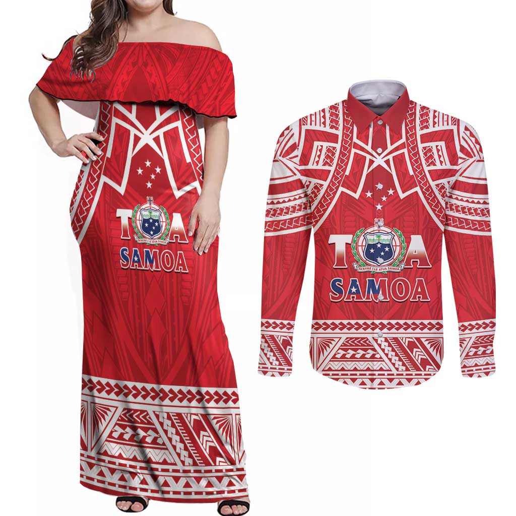 Samoa Rugby Custom Couples Matching Off Shoulder Maxi Dress and Long Sleeve Button Shirt Toa Samoa Pacific Sporty Red - Polynesian Pride