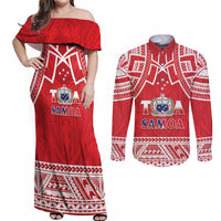 Samoa Rugby Custom Couples Matching Off Shoulder Maxi Dress and Long Sleeve Button Shirt Toa Samoa Pacific Sporty Red - Polynesian Pride