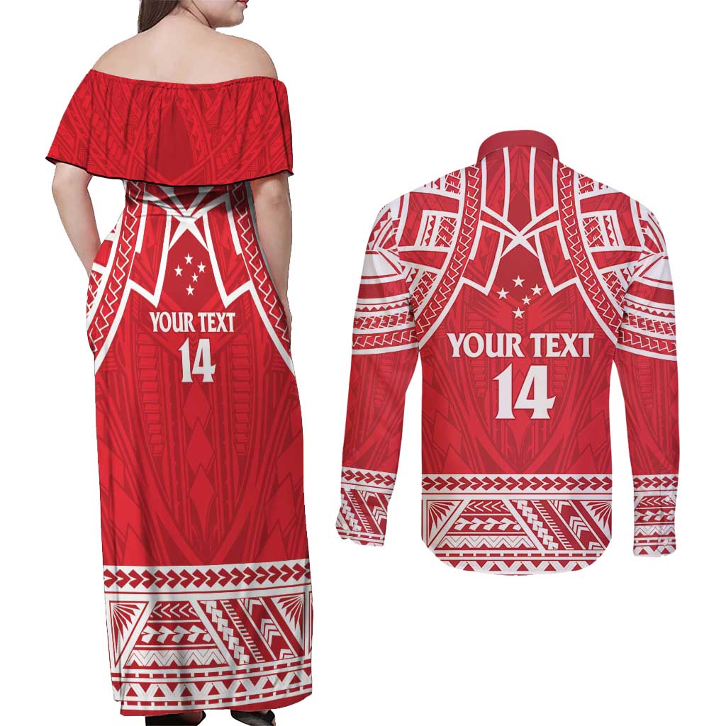 Samoa Rugby Custom Couples Matching Off Shoulder Maxi Dress and Long Sleeve Button Shirt Toa Samoa Pacific Sporty Red - Polynesian Pride