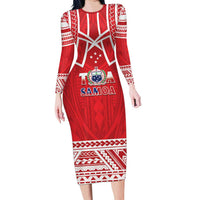 Samoa Rugby Custom Family Matching Long Sleeve Bodycon Dress and Hawaiian Shirt Toa Samoa Pacific Sporty Red - Polynesian Pride
