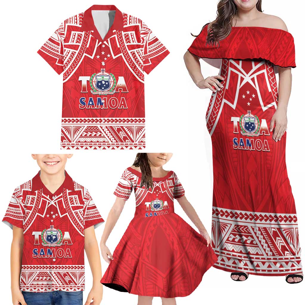 Samoa Rugby Custom Family Matching Off Shoulder Maxi Dress and Hawaiian Shirt Toa Samoa Pacific Sporty Red - Polynesian Pride