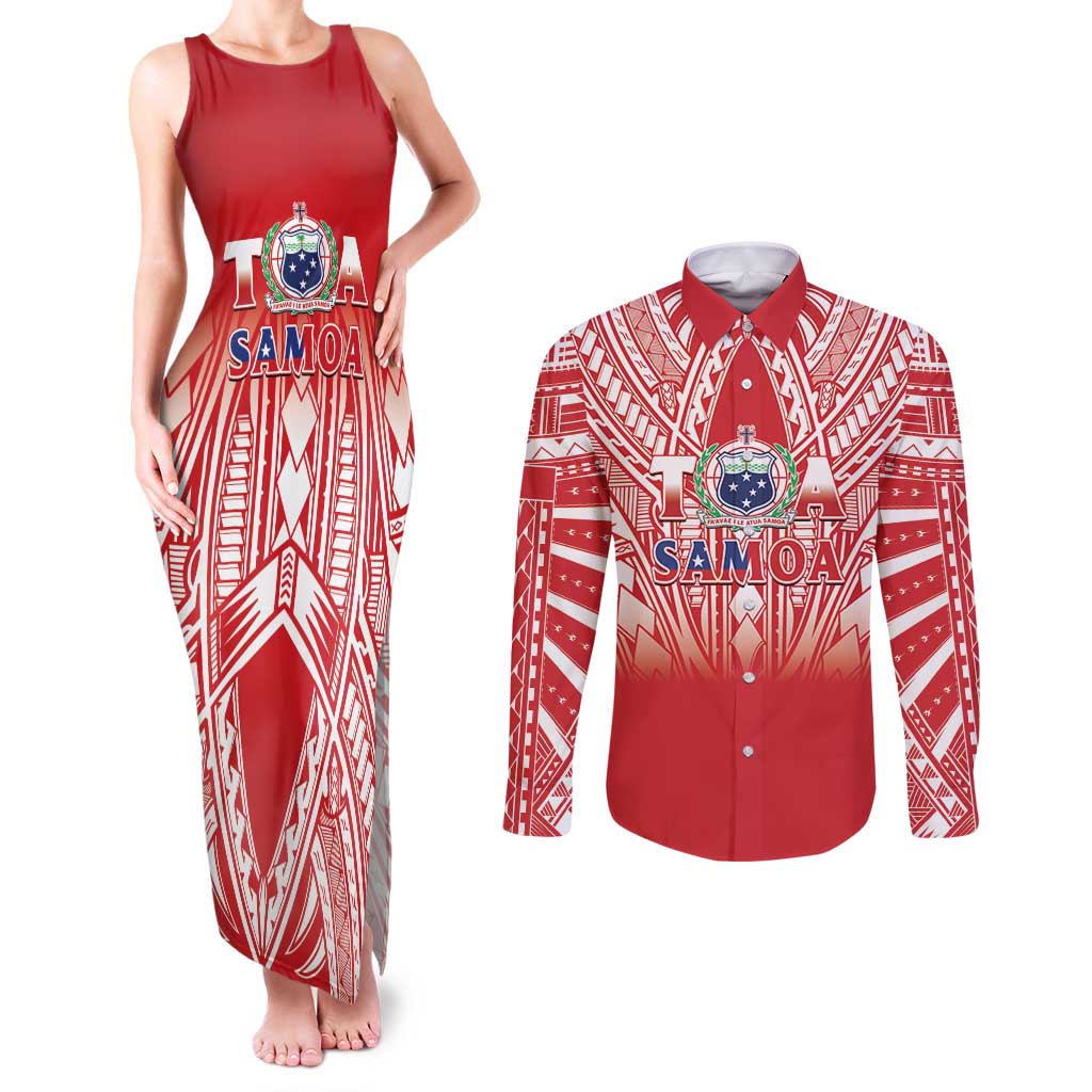 Toa Samoa Rugby Custom Couples Matching Tank Maxi Dress and Long Sleeve Button Shirt Samoa mo Samoa Polynesian Pacific Red - Polynesian Pride