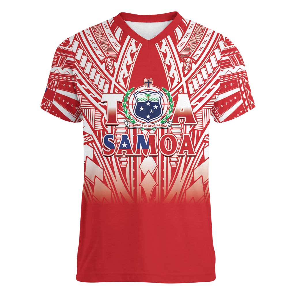 Toa Samoa Rugby Custom Women V-Neck T-Shirt Samoa mo Samoa Polynesian Pacific Red - Polynesian Pride