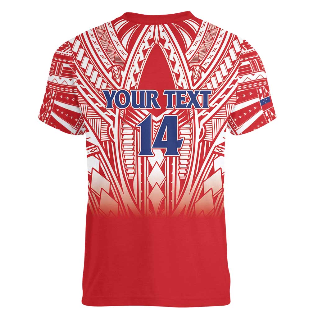 Toa Samoa Rugby Custom Women V-Neck T-Shirt Samoa mo Samoa Polynesian Pacific Red - Polynesian Pride