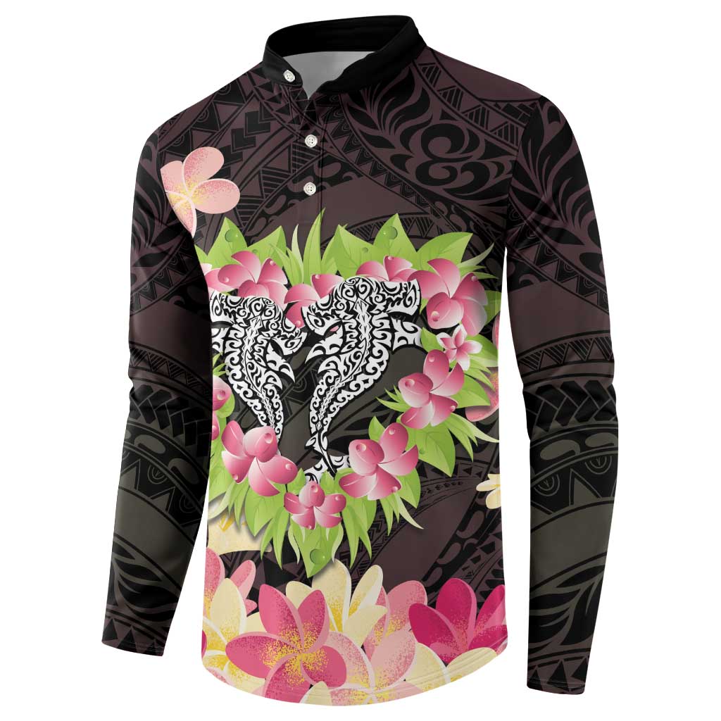 Polynesia Valentine's Day Button Sweatshirt Hammerhead Shark Plumeria With Polynesian Pattern