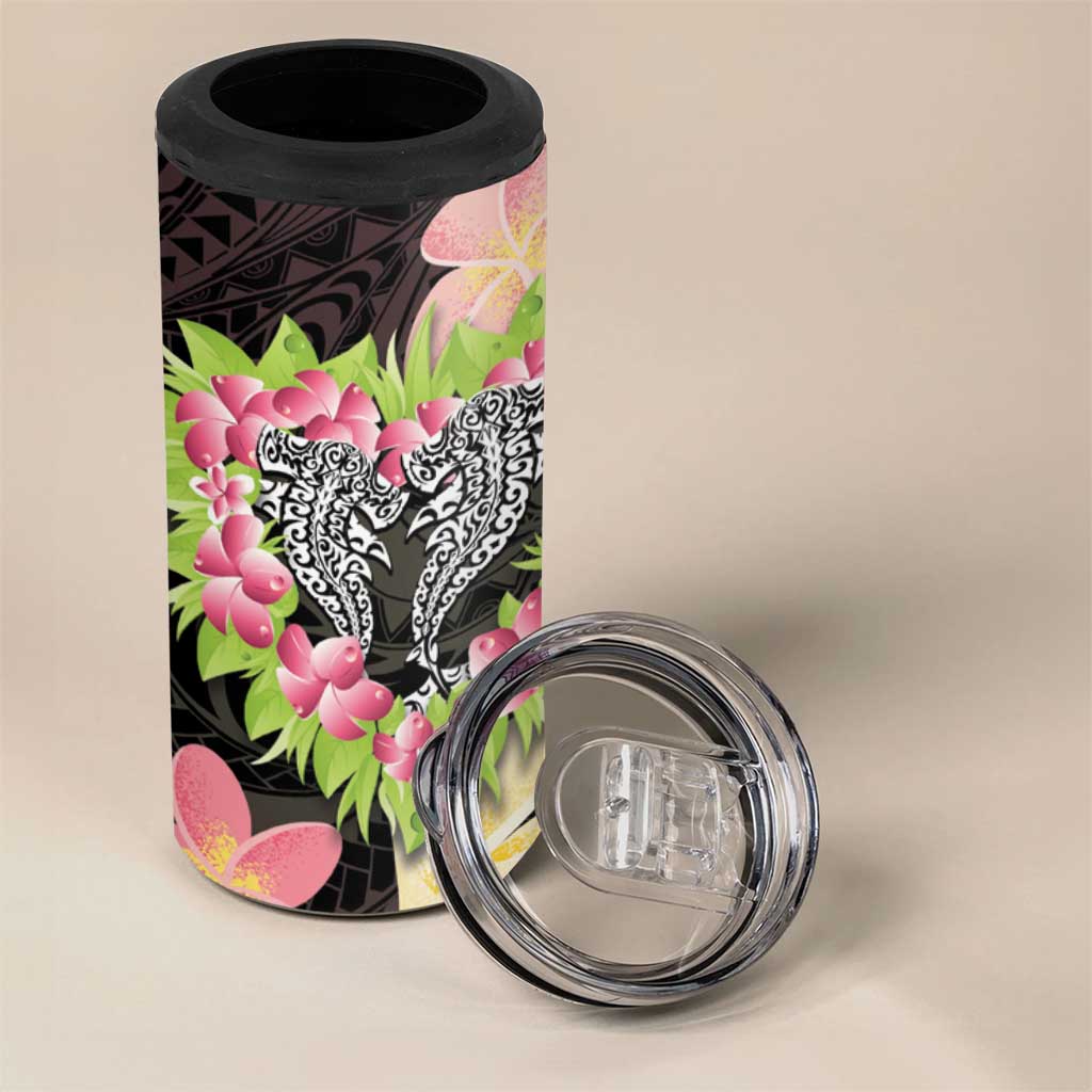 Polynesia Valentine's Day 4 in 1 Can Cooler Tumbler Hammerhead Shark Plumeria With Polynesian Pattern