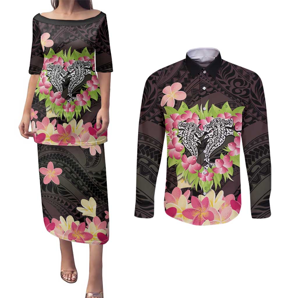 Polynesia Valentine's Day Couples Matching Puletasi and Long Sleeve Button Shirt Hammerhead Shark Plumeria With Polynesian Pattern LT14 Black - Polynesian Pride