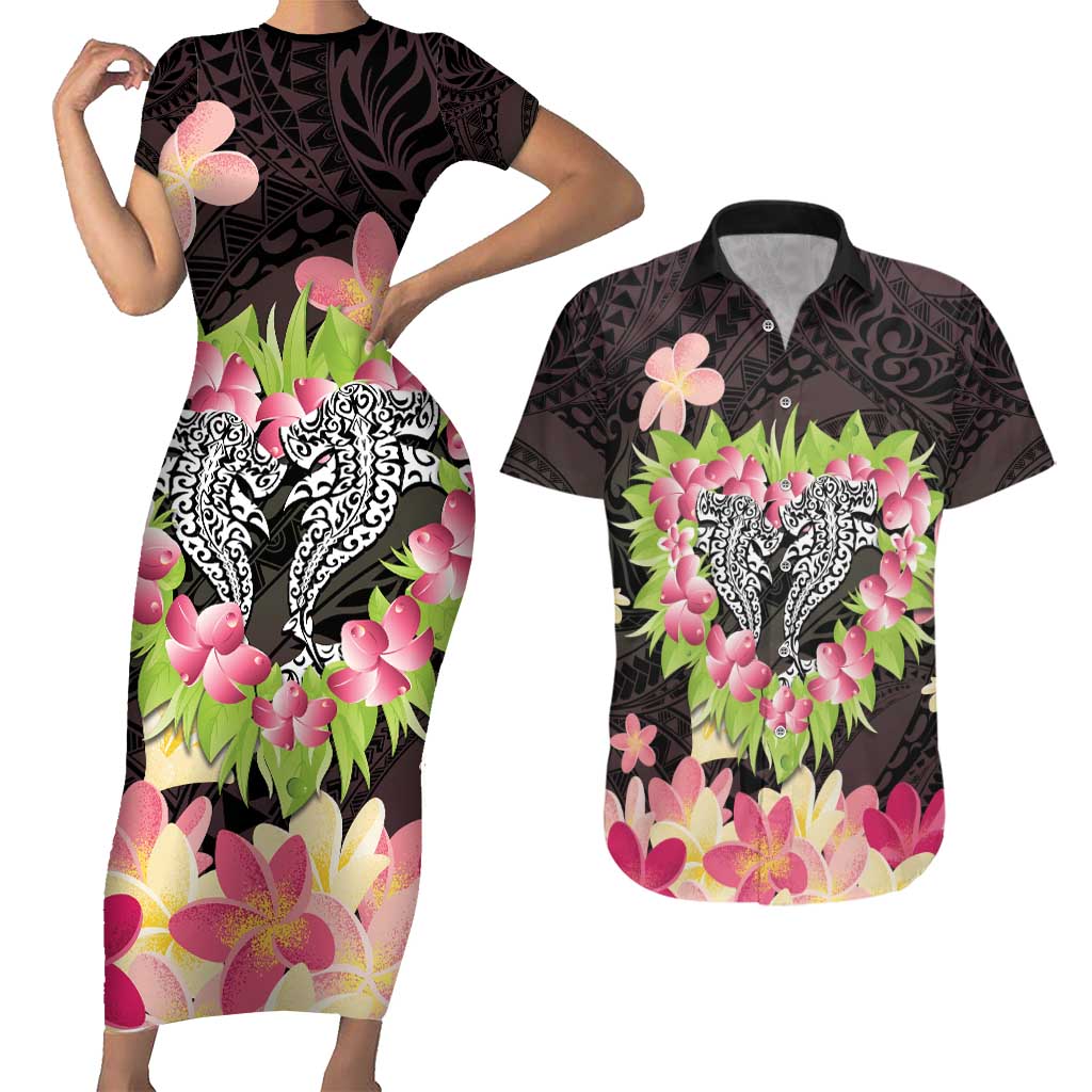 Polynesia Valentine's Day Couples Matching Short Sleeve Bodycon Dress and Hawaiian Shirt Hammerhead Shark Plumeria With Polynesian Pattern LT14 Black - Polynesian Pride