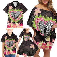 Polynesia Valentine's Day Family Matching Off Shoulder Short Dress and Hawaiian Shirt Hammerhead Shark Plumeria With Polynesian Pattern