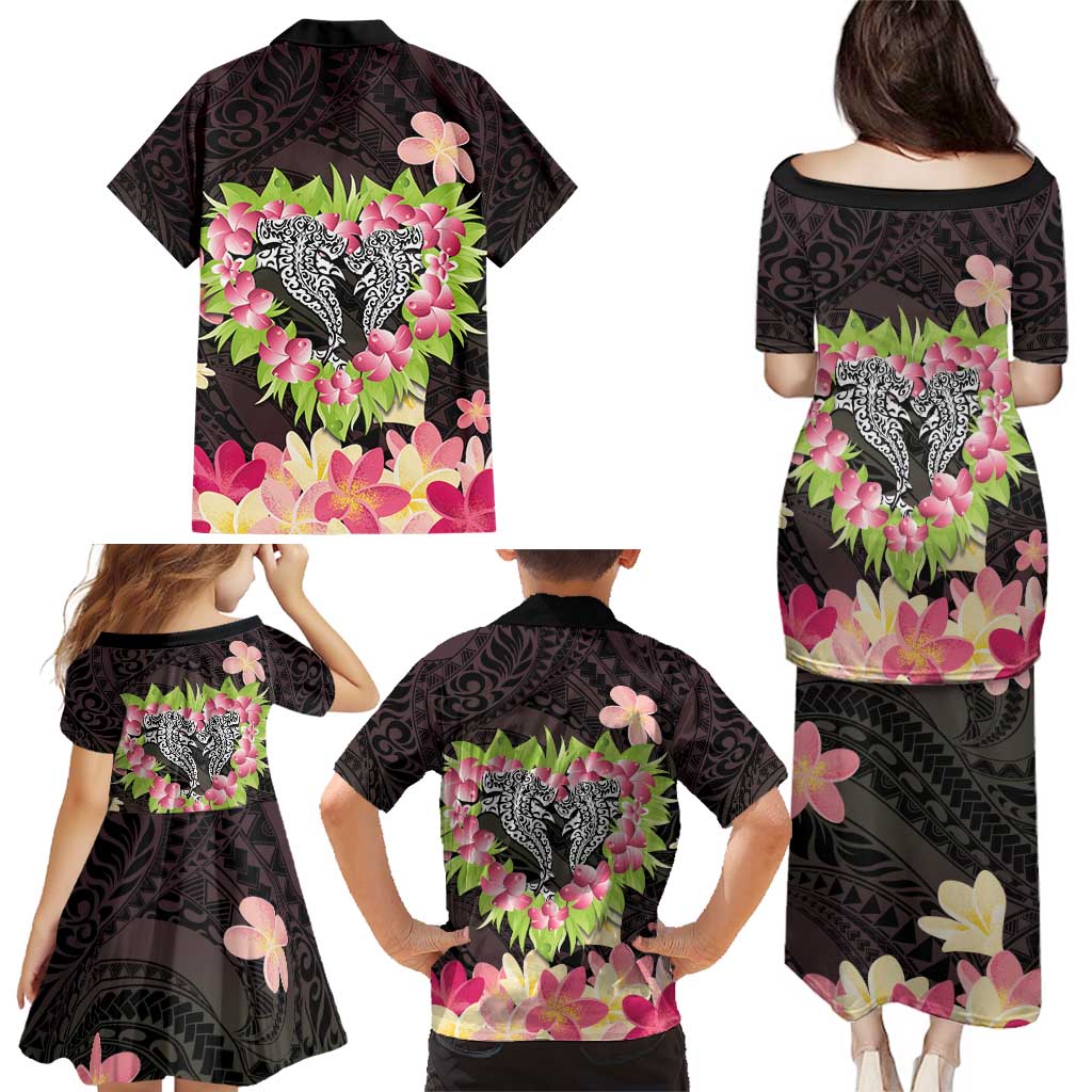 Polynesia Valentine's Day Family Matching Puletasi and Hawaiian Shirt Hammerhead Shark Plumeria With Polynesian Pattern