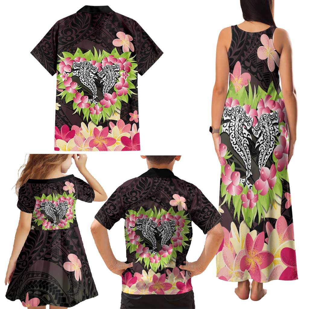 Polynesia Valentine's Day Family Matching Tank Maxi Dress and Hawaiian Shirt Hammerhead Shark Plumeria With Polynesian Pattern