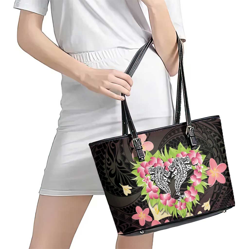 Polynesia Valentine's Day Leather Tote Bag Hammerhead Shark Plumeria With Polynesian Pattern