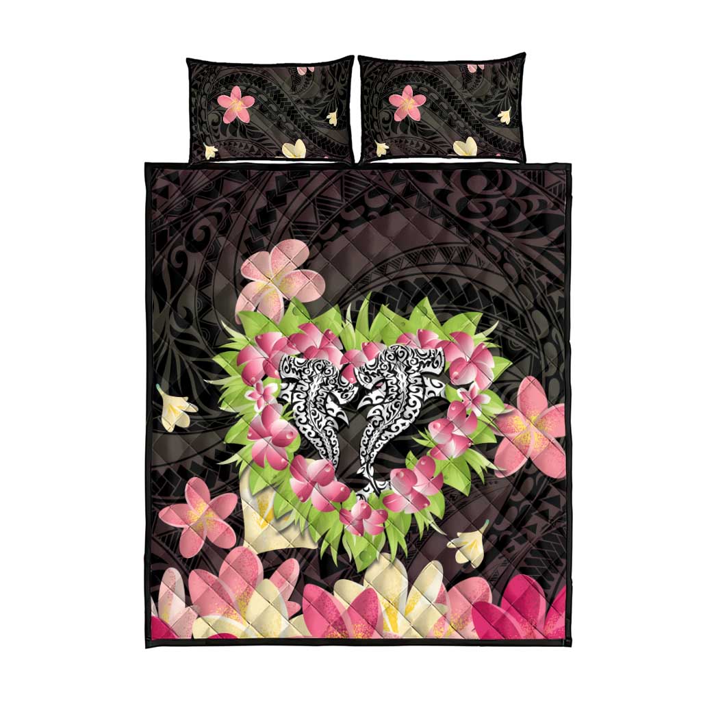 Polynesia Valentine's Day Quilt Bed Set Hammerhead Shark Plumeria With Polynesian Pattern