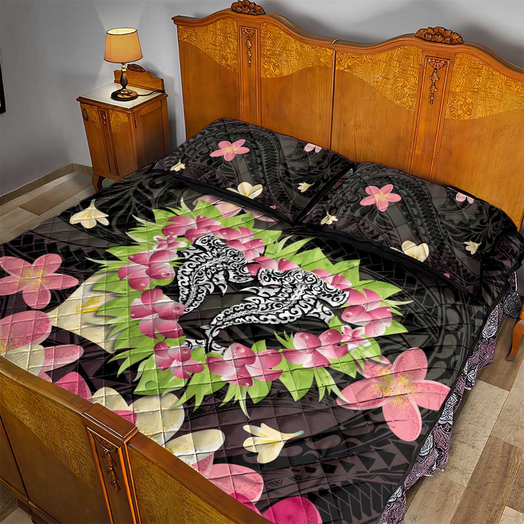 Polynesia Valentine's Day Quilt Bed Set Hammerhead Shark Plumeria With Polynesian Pattern