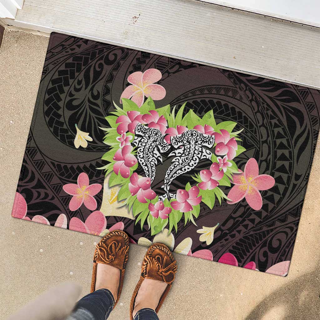Polynesia Valentine's Day Rubber Doormat Hammerhead Shark Plumeria With Polynesian Pattern