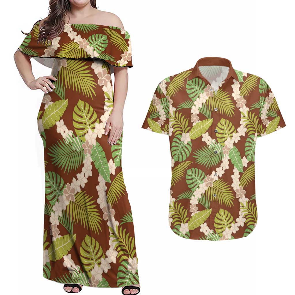 Brown Hawaii Plumeria Lei With Tropical Leaves Couples Matching Off Shoulder Maxi Dress and Hawaiian Shirt