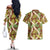 Brown Hawaii Plumeria Lei With Tropical Leaves Couples Matching Off The Shoulder Long Sleeve Dress and Hawaiian Shirt