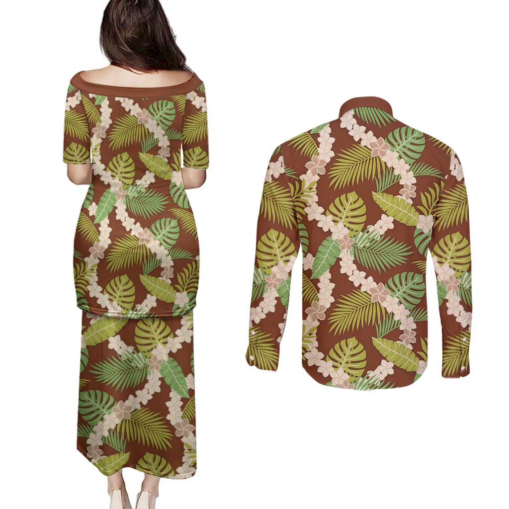 Brown Hawaii Plumeria Lei With Tropical Leaves Couples Matching Puletasi and Long Sleeve Button Shirt