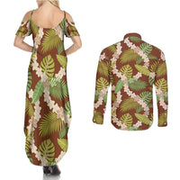 Brown Hawaii Plumeria Lei With Tropical Leaves Couples Matching Summer Maxi Dress and Long Sleeve Button Shirt