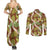Brown Hawaii Plumeria Lei With Tropical Leaves Couples Matching Summer Maxi Dress and Long Sleeve Button Shirt