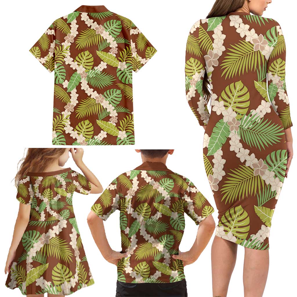 Brown Hawaii Plumeria Lei With Tropical Leaves Family Matching Long Sleeve Bodycon Dress and Hawaiian Shirt