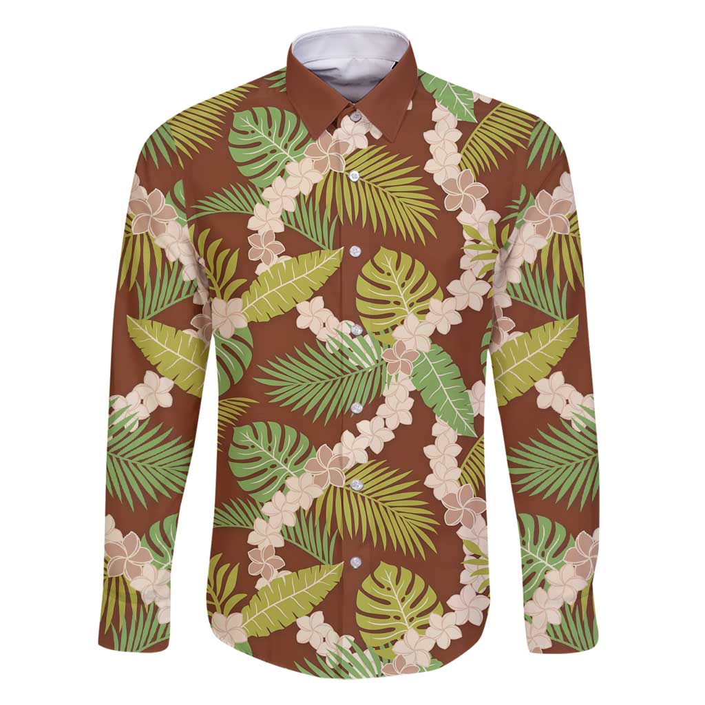 Brown Hawaii Plumeria Lei With Tropical Leaves Family Matching Long Sleeve Bodycon Dress and Hawaiian Shirt