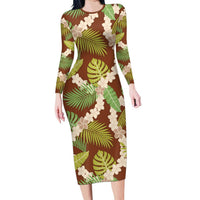Brown Hawaii Plumeria Lei With Tropical Leaves Family Matching Long Sleeve Bodycon Dress and Hawaiian Shirt