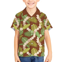 Brown Hawaii Plumeria Lei With Tropical Leaves Family Matching Long Sleeve Bodycon Dress and Hawaiian Shirt