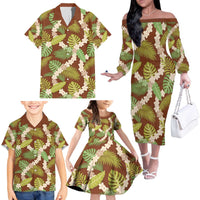 Brown Hawaii Plumeria Lei With Tropical Leaves Family Matching Off The Shoulder Long Sleeve Dress and Hawaiian Shirt