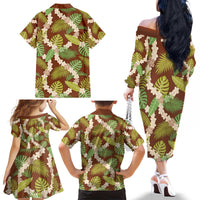 Brown Hawaii Plumeria Lei With Tropical Leaves Family Matching Off The Shoulder Long Sleeve Dress and Hawaiian Shirt
