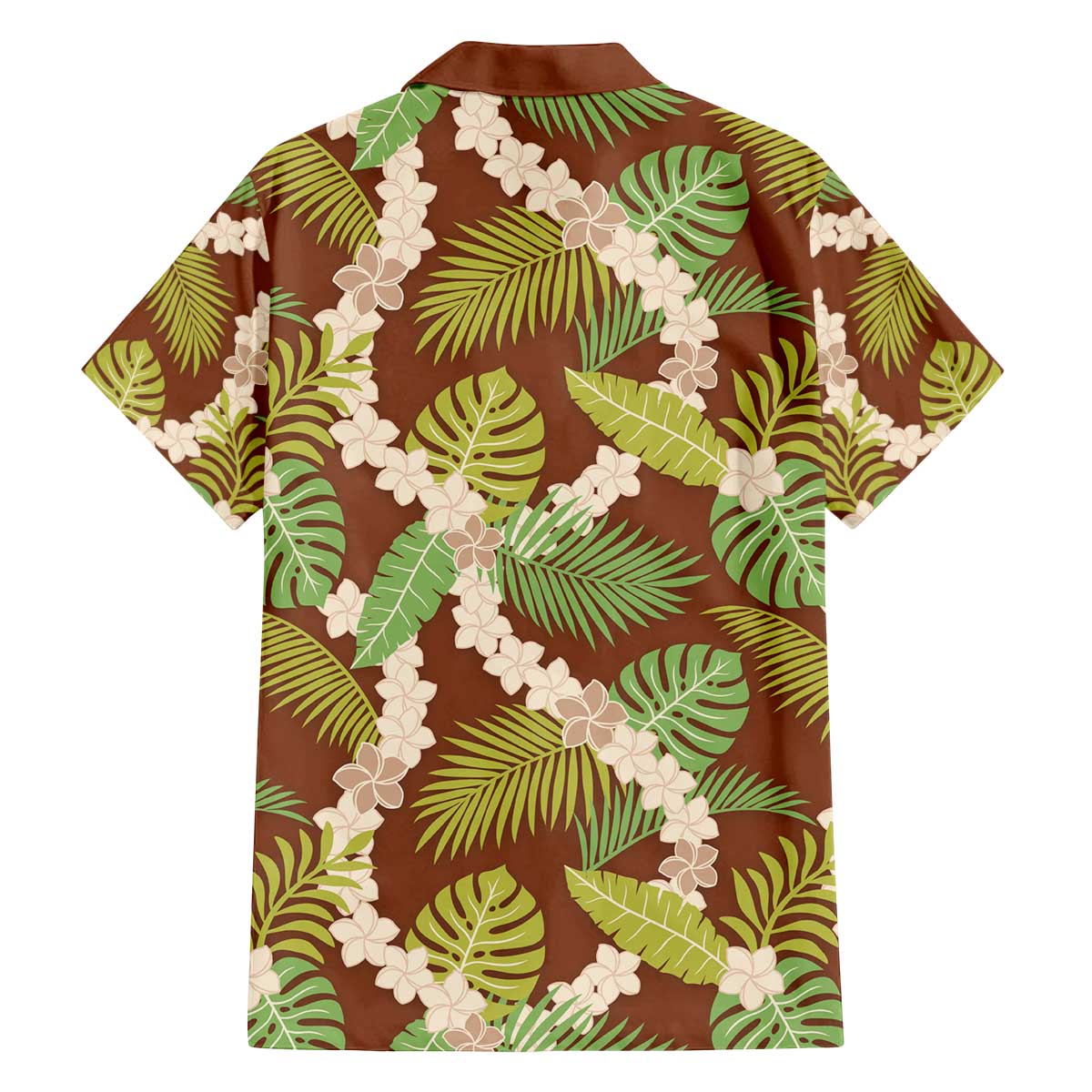 Brown Hawaii Plumeria Lei With Tropical Leaves Family Matching Off The Shoulder Long Sleeve Dress and Hawaiian Shirt