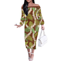 Brown Hawaii Plumeria Lei With Tropical Leaves Family Matching Off The Shoulder Long Sleeve Dress and Hawaiian Shirt