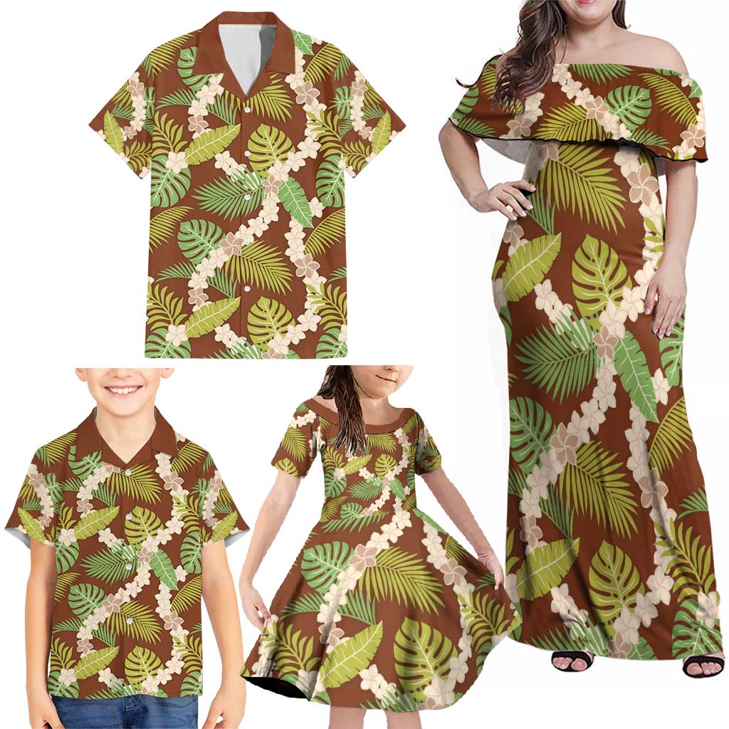 Brown Hawaii Plumeria Lei With Tropical Leaves Family Matching Off Shoulder Maxi Dress and Hawaiian Shirt